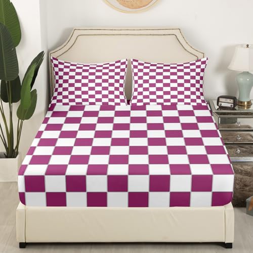 Image of Erosebridal Girls Purple Checkered Sheet Set White Lavender Buffalo Plaid Grid Bed Sheets Twin,Checkerboard Bedding for Kids Teen Women Geometrical Gingham Bed Sheet Set 3 Piece