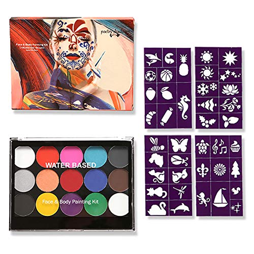 Face Paint Kit for Kids - 15 Colors Professional Face with Metallic Silver Painting Palette Including 4 Metallic 2 Brushes Fits Easter Halloween Party Birthday