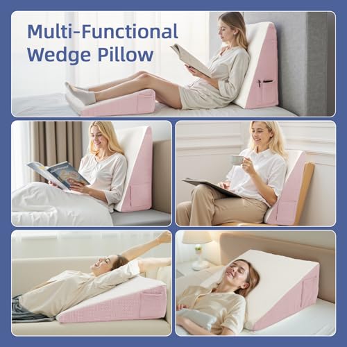 Wedge Pillow for Headboard, 7.5’’ Triangle Elevated Bed Wedge Pillow for Acid Reflux Relief, Sleeping, Post Surgery, Back Pain Relief, Snoring, Soft Memory Foam Top & Washable Breathable Cover, Pink
