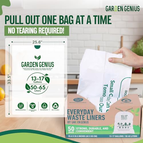 Image of Biodegradable 13-17 Gallon Code-Q Trash Bags (50 Pack) | Strong Heavy-Duty Tall White Kitchen Bags w /Drawstring | Fits Simplehuman & Standard Cans | Eco-Friendly D2W, 30 Micron Thick | 25.6 inch x 33.5 inch