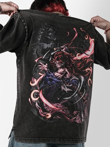 Image of ComicSense.xyz Unisex Anime Oversized Stone Washed T-Shirt for Men & Women, 220 GSM Upper Moon One Printed Drop Shoulder Anime T-Shirt