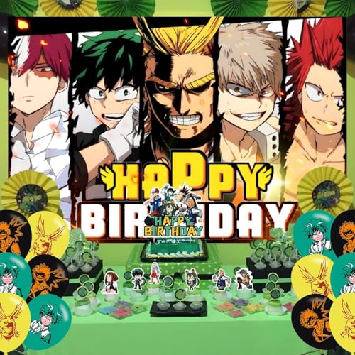 Image of OUDINI Academia of My Hero Birthday Party Backdrop, Decoration, Banner, Photo Backgrounds Props - 5ft x 3ft, Yellow, Cotton, Polyester, Includes 18 Pcs Balloons & Cupcake Toppers