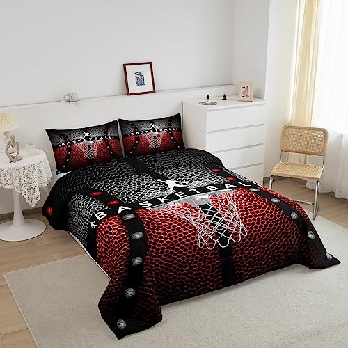 Image of Feelyou Basketball Comforter Set - Toddler Size, Black with Red Comforter, Gaming Bedding Set for Kids Boys Girls Sports Game Duvet Set Quilt