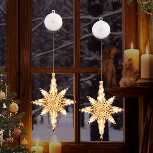 JTgugu 10 luces LED con estrellas navideñas, 2 unidades, ventanas con ventosas, luz blanca cálida, decoración navideña, luces de ventana, perlas de lámpara, pilas para Navidad, fiestas, bodas