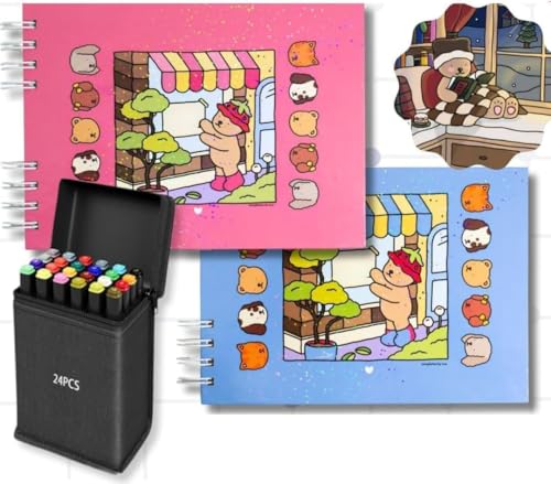 Kit Livro de Colorir + 24 Canetas Ponta Dupla | Capa Dura Holográfica, Papel Premium | Ursinhos Fofos – Ideal para Crianças e Adultos - 24/36/60/80 Canetinhas - Livro Azul ou Rosa (Rosa, 60)