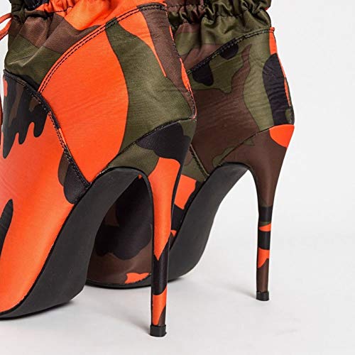 YIYA Sexy Camouflage Pointed Toe Mid-Calf Boots for Women Orange Stiletto High Heels Boots Elastic Lace Up Fabric Stretchy Ankle Booties4