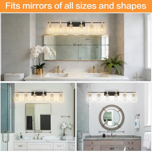 Image of SOLFART 49.2 inch Vanity Light fixtures Vintage 6 Lights Wall Light Fixtures Above Mirror for Bathroom Brass and Black with Clear Glass Shade (Exclude Bulb)