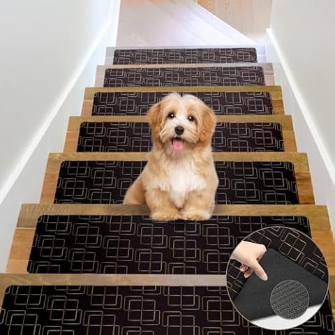 Apriciti Stair Treads Non-Slip Step Mats for Stairs, 8 x 30 inches Anti Slip Stairway Tape Strip, Reusable Staircase Step Carpet Treads for Wood Stairs (Black, Set of 7) Cover