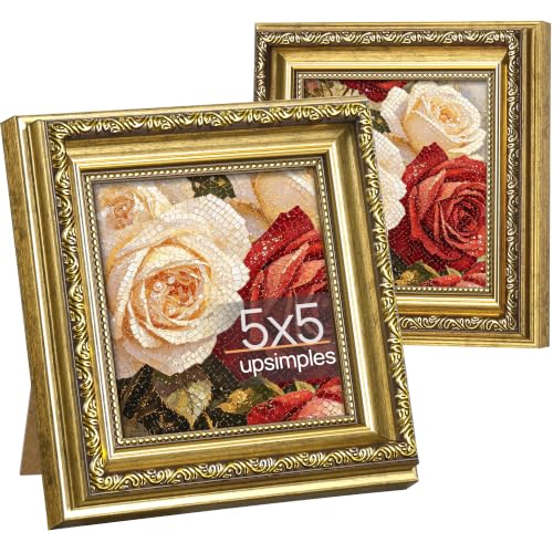 Image of upsimples Vintage 5x5 Picture Frame, Antique Gold Frames, 2 Pack | Gold Picture Frames, Fits 5 x 5 Photos, Elegant Vintage Design, Wall or Tabletop Decor, for Wedding or Family Memorie