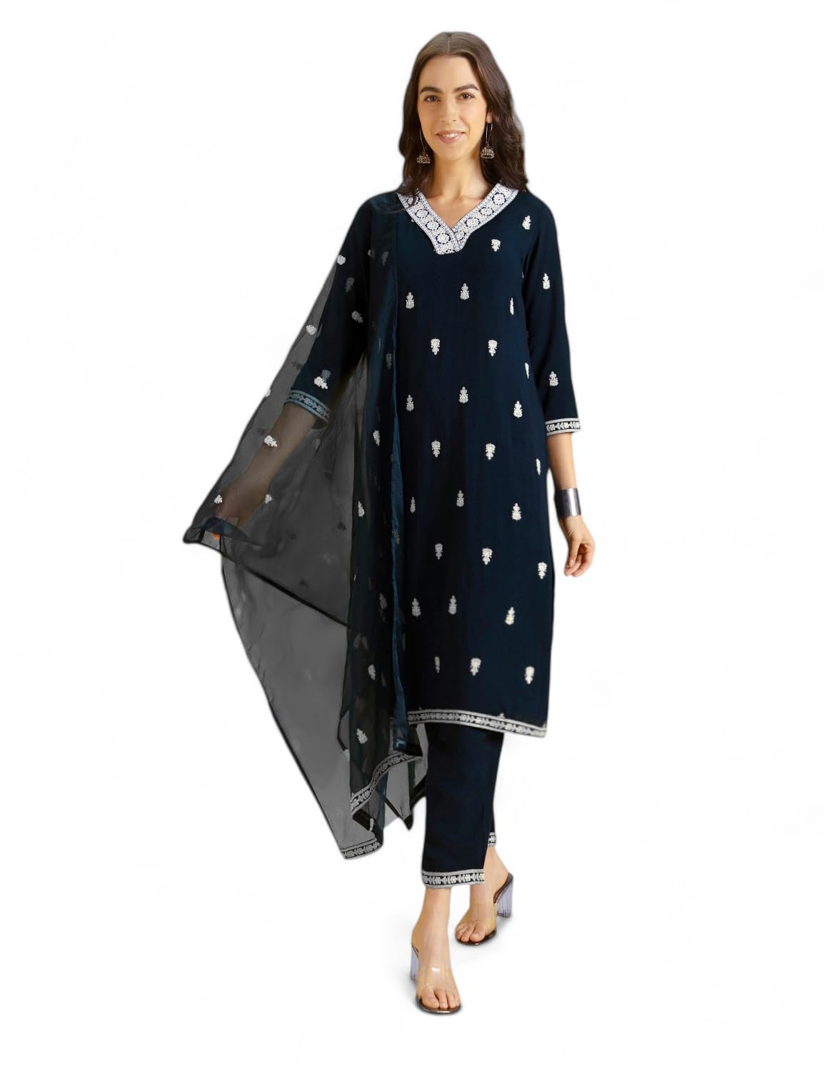 Spykar Women's Embroidered Kurta Set with Dupatta | Straight Fit | Embroidered Neck-line | Organza Dupatta with all-over Booti Work & Lace Hem | Straight Pant with Side Pocket | Kurta Set For Women in neutral