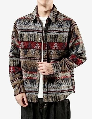 Image of FindThy Men's Brushed Flannel Shirts Ethnic Aztec Print Button Up Lapel Tribal Shirt Jacket Shacket