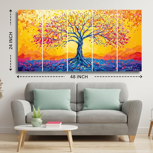 Image of Kalpvriksh Tree Painting MDF Wall Art | Sparkle Laminated Golden Tree Painting in 5 Pieces | Big Size Wall Art for Living Room, Office, Bedroom, and Home Decor