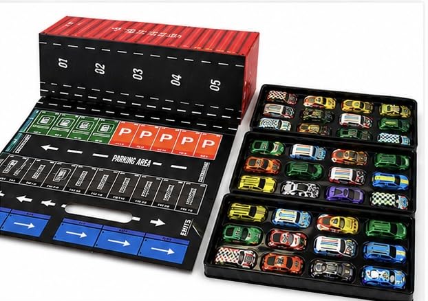 Image of CTNR 48 Piece Die-Cast Metal Pull Back Racing Cars Set with Parking Track, Bright Colours, for Kids Ages 3+