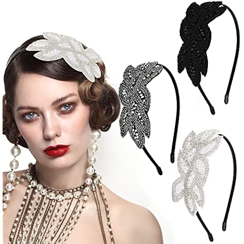 WLLHYF 3 Pieces Flapper Headpiece Beaded Leaf Headbands 1920s Rhinestone Hairbands for Women Girls Vintage Crystal Hair Accessories for Costume Party Valentines Gift (Black, Silver, White) Cover