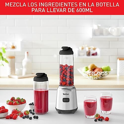 Moulinex Mix & Move LM15FD – Batidora individual, batidora smoothie de 4 cuchillas con 2 recipientes portátiles de 600 ml, 1 velocidad, para zumos y smoothies, acero inoxidable