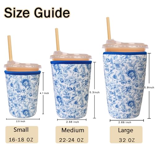 Image of Reusable Insulated Sleeve for Iced Coffee Cup, Coffee Neoprene Sleeve for Cold & Hot Drinks, Beverage Holder for Iced Coffee (Vintage Blossoms, Large: 32oz)