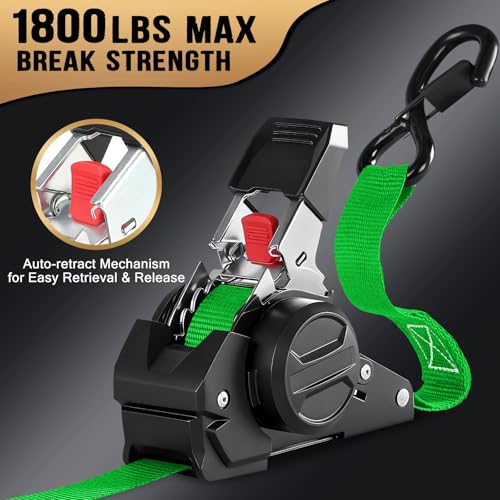 Image of Retractable Ratchet Straps (4-Pack) - 1 in x 10 Ft (1800 LB Break Strength) Heavy Duty Self Retracting Ratchet Straps with Soft Loops & Storage Bag for Household, Motorcycle, Truck, ATV(Green)