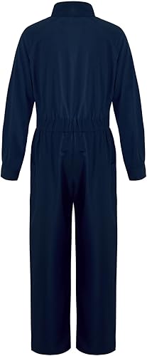 JEATHA Kids Girls Coveralls One Piece Solid Color Full Body Jumpsuit Long Sleeve Zipper Overalls with Pockets(Navy Blue,10 Years)