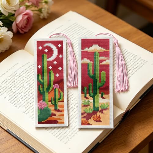Image of ACRNIGHEET 6PCS Cross Stitch Bookmark Kit for Beginner Stamped Cross Stitch Kits for Adults Cactus DIY Tassel Embroidery Bookmark Kits Needlepoint Kit with Instructions Craft Gift 8.5''x3'' 11CT