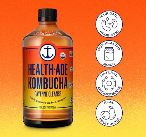 Health-Ade Kombucha Tea Organic Drink, Fermented Tea with Living Probiotics, Detoxifying Acids, Supports Gut Health, Non-GMO, Vegan, Gluten Free, 12 Pack (16 Fl Oz Bottles), Cayenne Cleanse