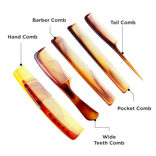 Image of NFI essentials Pack of 5 Styling & Grooming Combs for Men & Women Tail Comb, Handle Comb, Fine Tooth Comb, Cutting Comb & Pocket Comb Smooth Finish for All Hair Types