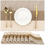 Chitomars Placemats Set of 8, Vinyl Woven Place Mats Indoor Set of 8 Washable Wipeable PVC Table Mats Heat-Resistant Non Slip Placemat for Kitchen Dining Outdoor Table (Beige Light Brown, Set of 8)