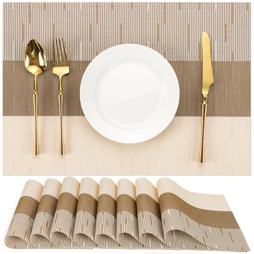 Chitomars Placemats Set of 8, Vinyl Woven Place Mats Indoor Set of 8 Washable Wipeable PVC Table Mats Heat-Resistant Non Slip Placemat for Kitchen Dining Outdoor Table (Beige Light Brown, Set of 8)