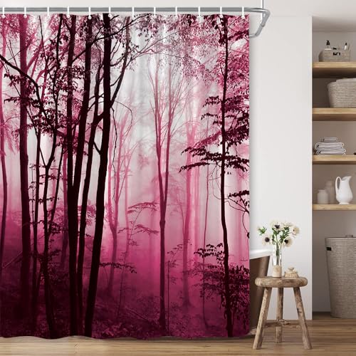 BCNEW Forest Natural Scene Shower Curtain Pink Woods Heavy Foggy Abstract Gothic Gross Shadow Dark Landscape Gray Art Printed Polyester Fabric Bathroom Decor Set 108×70 Inch with Hook