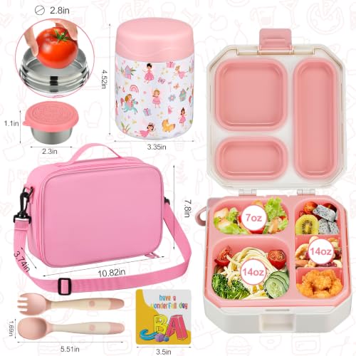 Image of wiwens Bento Lunch Box for Kids with 12oz Soup Thermo Leak-Proof Lunch Food Container with 5 Compartment Thermo Hot Food Jar and Insulated Lunch Bag for Kid Toddler Girls Boys to School