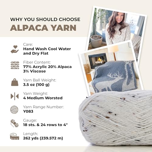 Mary Maxim Alpaca Yarn, Soft, Warm Tweed Yarn for Crocheting and Knitting, Medium Worsted Weight 4, Ideal for Scarves, Sweaters Afghans and Blankets, 262 Yards, Raw Cotton