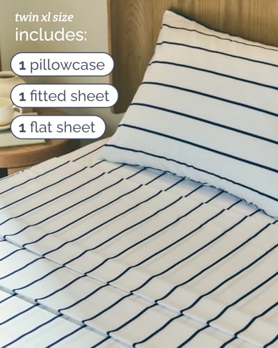 Image of Twin XL 3 Piece Striped Sheet Set - Breathable & Cooling - Navy Stripe