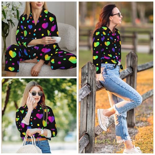Image of Women'S Long Sleeve Pajama Set Soft Loungewear Button-Down Top & Elastic Waist Pants S- 2XL