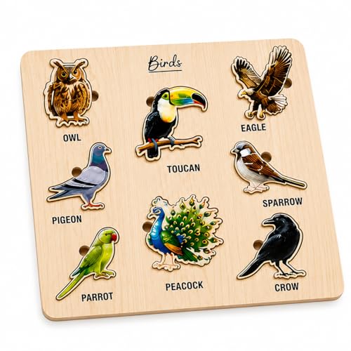 Image of Wooden Name Puzzle for Toddlers 2+ Years | Montessori Letter Matching & Name Recognition Learning Toy | Alphabet Educational Puzzle for Preschool Boys & Girls (Birds)