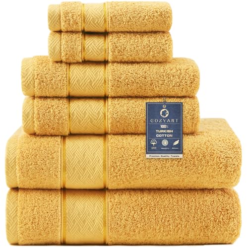 COZYART Bath Towel Set 6 Piece 100% Turkish Zero Twist Cotton 650GSM Ultra Soft Highly Absorbent Hotel Quality Towels for Bathroom Mustard Gold