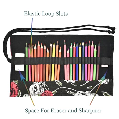 Image of Rose Pattern Colored Canvas Pencil Wrap Pencil Case Roll Up Holders Skull Pencil Organizers for Artist Adult Coloring Sketching Travel Storage With 72 Slots (Skull Rose)