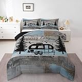 Rustic Farmhouse Style Comforter 3 Pieces, Happy Camping Duvet Insert for Boys Kids Teens Camper Bedding,Black Sketch Drawing Bedding Comforters Vintage Old Barn Door Inner Fill, Queen Size