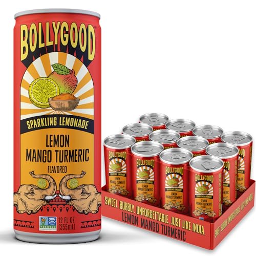 Bollygood Sparkling Lemonade, Lemon Mango Turmeric, Indian Inspired Beverage Nimbu Pani, No Artifical Colors or Flavors, Non-GMO Project Verified, 12 FL OZ Cans (Pack of 12)