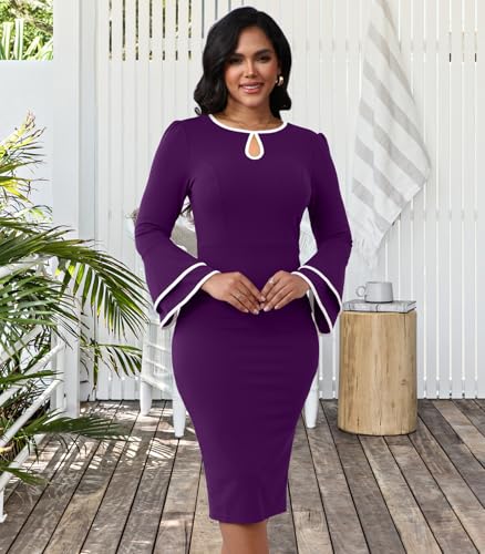 Image of ZonJie Church Dresses for Women Bell Sleeves Business Wear to Work Cocktail Party Pencil Casual Dress