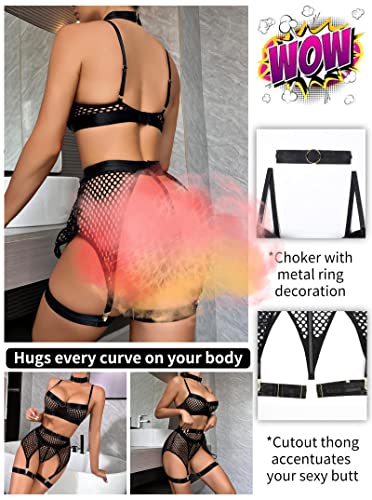 Dewinya Womens 5Pc Fishnet Lingerie Sets - Choker, Underwire Bra, Hight Waisted Garter Skirt, Thong, Leg Straps, Black, Medium - Image 4