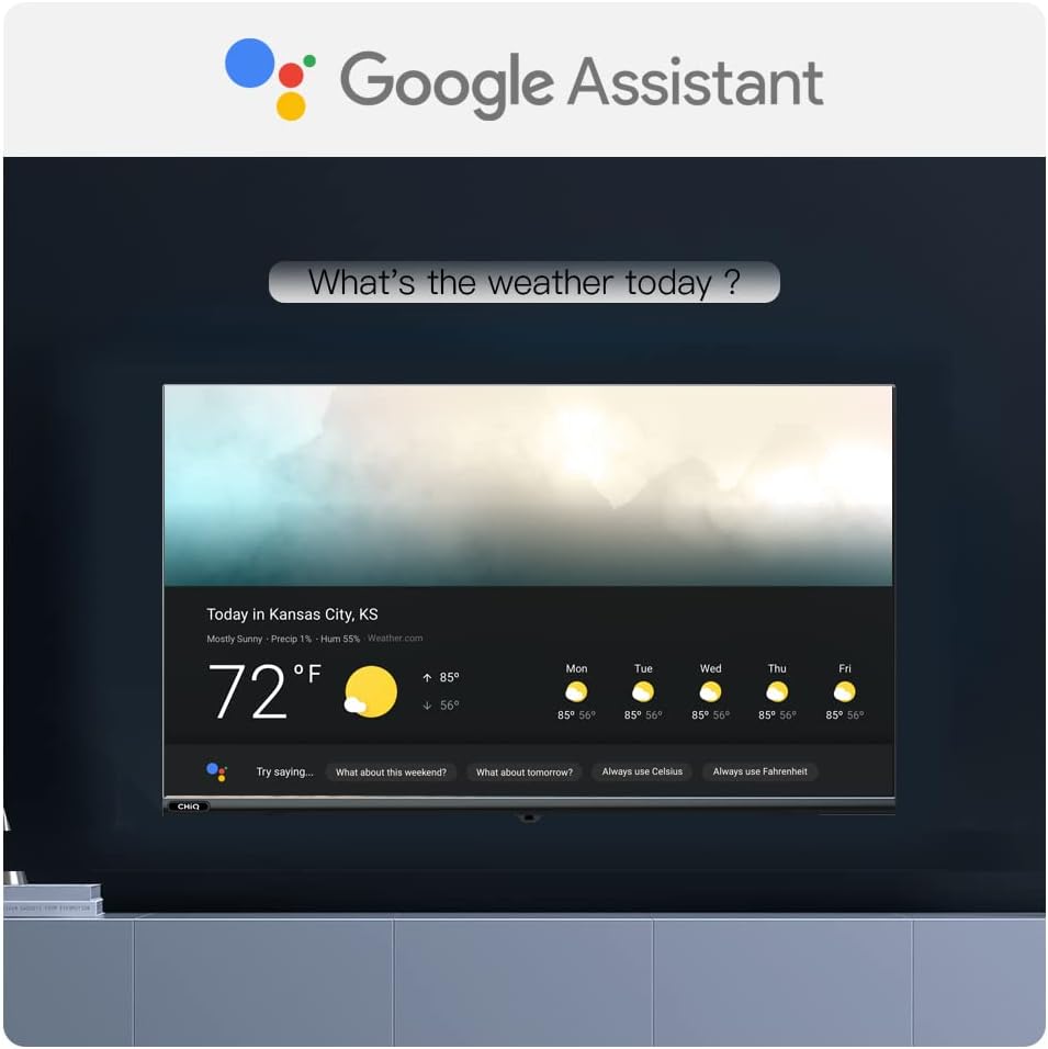 Google Assistant logo and a TV screen showing weather information