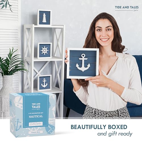 TideAndTales 3D Nautical Wall Decor (Famed Set of 3) Anchor, Lighthouse and Ship Wheel - Rustic Beach Bathroom Coastal Theme Home Decorations - Nautical Gifts (7"x7"), Classic Blue - Image 6