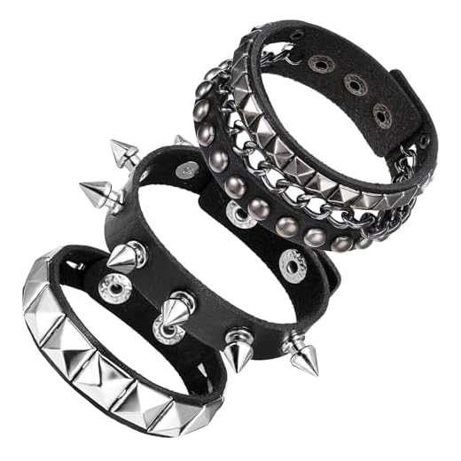 Giantree Pulseras de cuero punk rock, 3 piezas de pulseras punk rock tachonadas de cuero con pinchos para hombres y mujeres, pulsera ajustable de los años 80, puños de muñeca para regalos de fiesta de