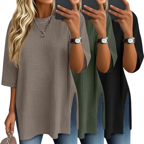 3 Pack Women's 3/4 Sleeve Waffle Knit Tops Oversized Crewneck T-Shirts Loose Casual Blouses Side Split Tees
