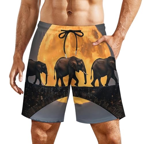 Elephants Walking Under The Moon Beach Shorts for Men Swim Trunks Quick Dry Swim Shorts with Compression Liner Pocket