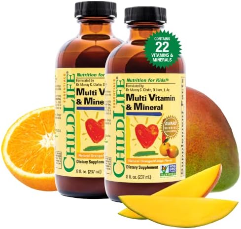 ChildLife Essentials, Kids Liquid Multivitamin and Mineral Supplement - Liquid Vitamins for Kids, All-Natural, Gluten-Free, Non-GMO - Natural Orange & Mango Flavor, 8 Fl Oz Bottle (Pack of 2)