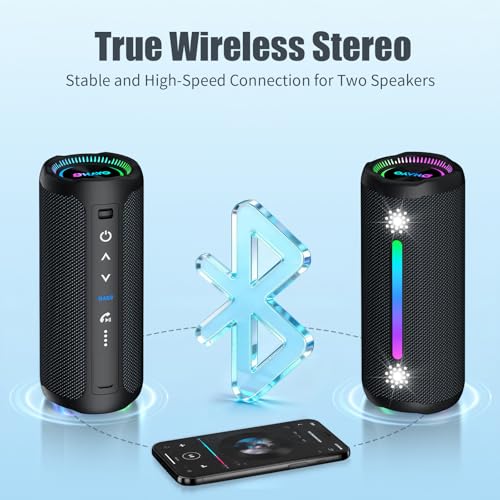 Image of Bluetooth Speaker Wireless Loud Stereo Sound IPX7 Waterproof Outdoor Portable 25W Super Bass Speakers for Home Party Beach with 24H Playtime Colorful Lights BT 5.3 TWS Pairing Birthday Gift Black