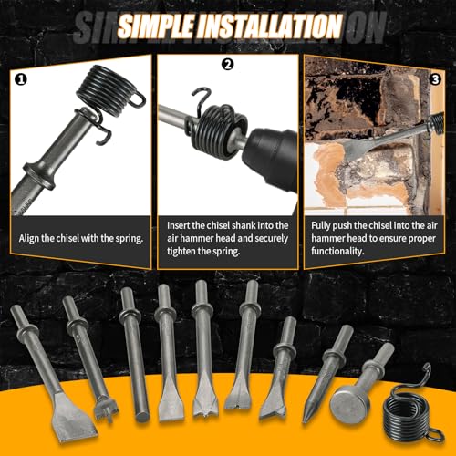 Image of 10pcs Pneumatic Air Hammer Chisels Set, Heavy Duty High Carbon Steel Pneumatic Air Hammer Chisels with 0.401 inch Shank, Pneumatic Chisel Tool Rivet Removal & Automotive Repairs, Includes Spring