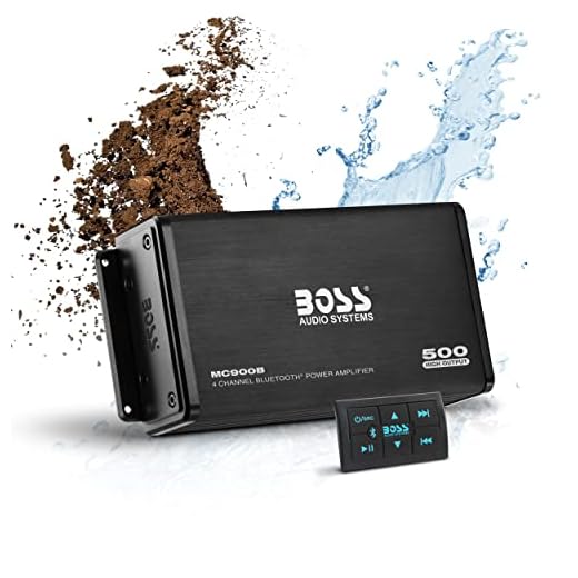 BOSS Audio Systems MC900B 4 Channel Weatherproof Amplifier – Bluetooth, 500 Watts, Bluetooth Multi-Function Remote, Full Range, Class A/B, 4-8 Ohm Stable, Aux-in, RCA Outputs, USB Charging