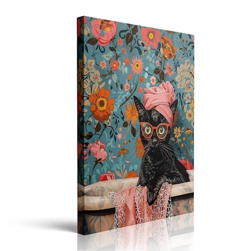 Framed Black Cat Wall Art Canvas Floral Bath Room Decor Gifts 12x16 Inches