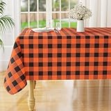 misaya Rectangle Waterproof Vinyl Table Cloth, Buffalo Flannel Backed Tablecloth, Wipeable Plastic Table Cover for Dinner, Kitchen, Picnic (60' x 60', Orange and Black)